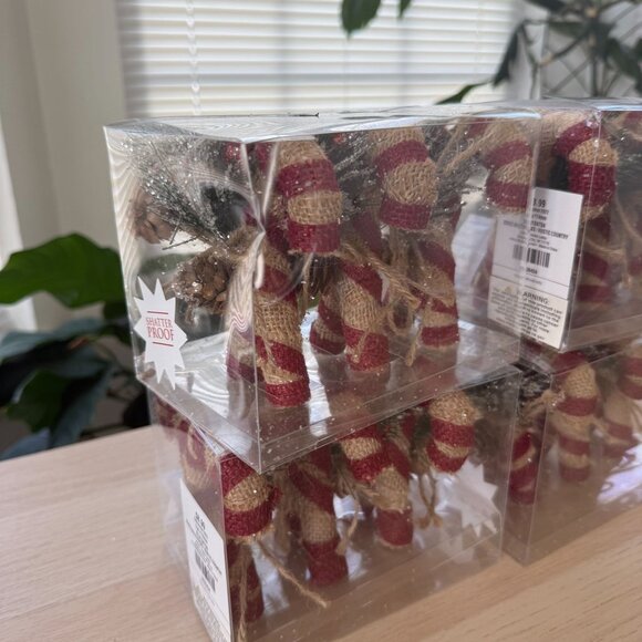 Rustic Burlap Candy Cane Ornaments  Shatterproof Pinecone Bow Accents  24 Total - Picture 2 of 5
